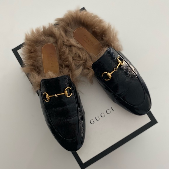 Gucci Princeton Leather Slippers with Fur - Picture 1 of 9